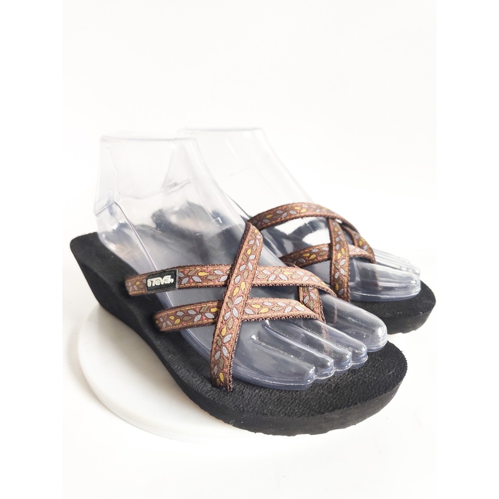 Teva Mush Wedge Sandals Size 7 Black Brown Floral Strappy Platform Flip Flops